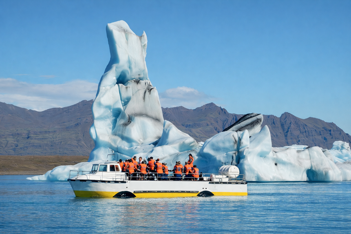 The yellow and white amphibian boat on Jökulsárlón glacier lagoon