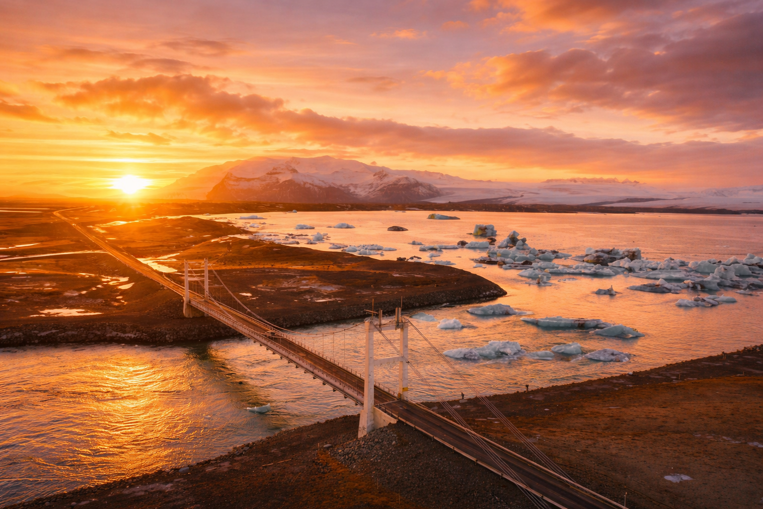 大桥、出海口和杰古沙龙冰河湖与钻石沙滩的航拍日落景观