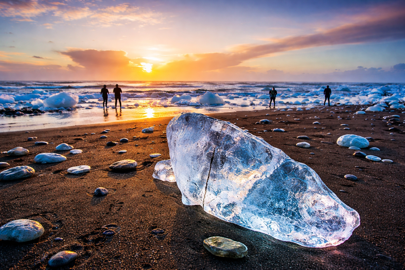 日落时分钻石沙滩上的蓝色冰川冰块
