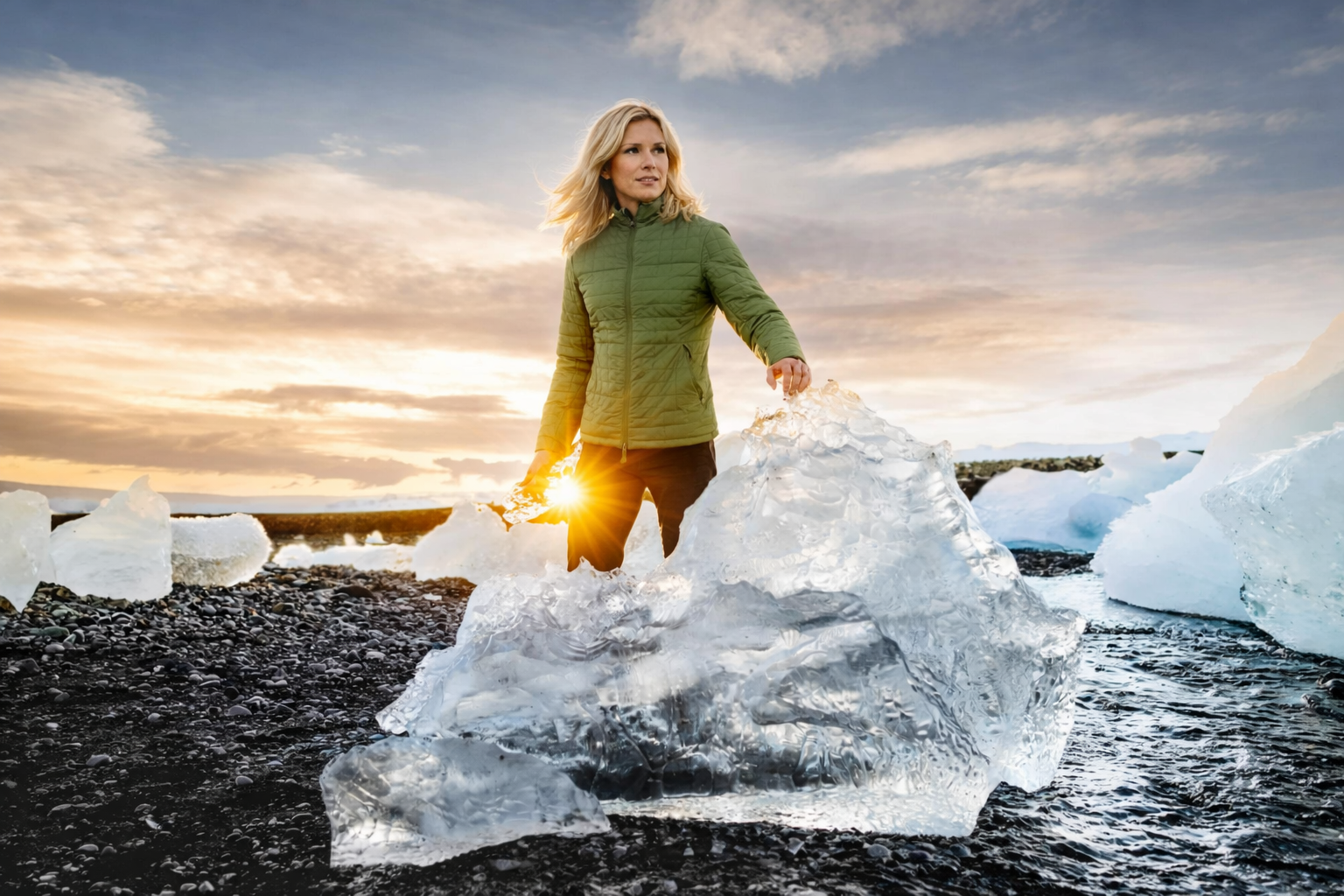 冰岛钻石沙滩上游客与晶莹的冰川冰块