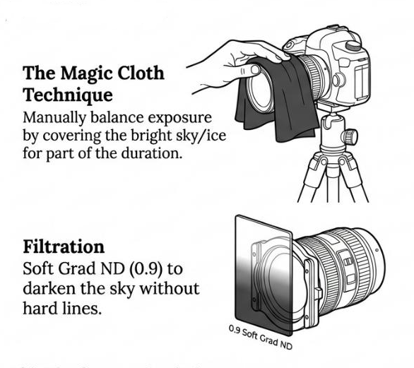 Illustrated diagram showing the Magic Cloth technique and Soft Grad ND filtration for balanced exposures