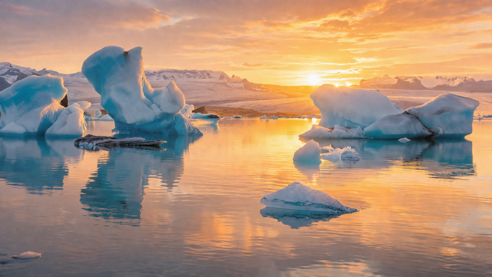 夏季的杰古沙龙冰河湖，夕阳余晖中漂浮着冰山