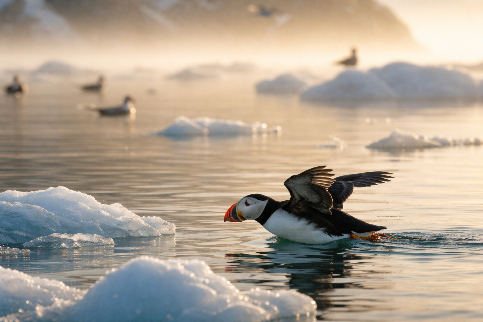 Atlantic puffin perched on a grassy cliff during Iceland's summer season