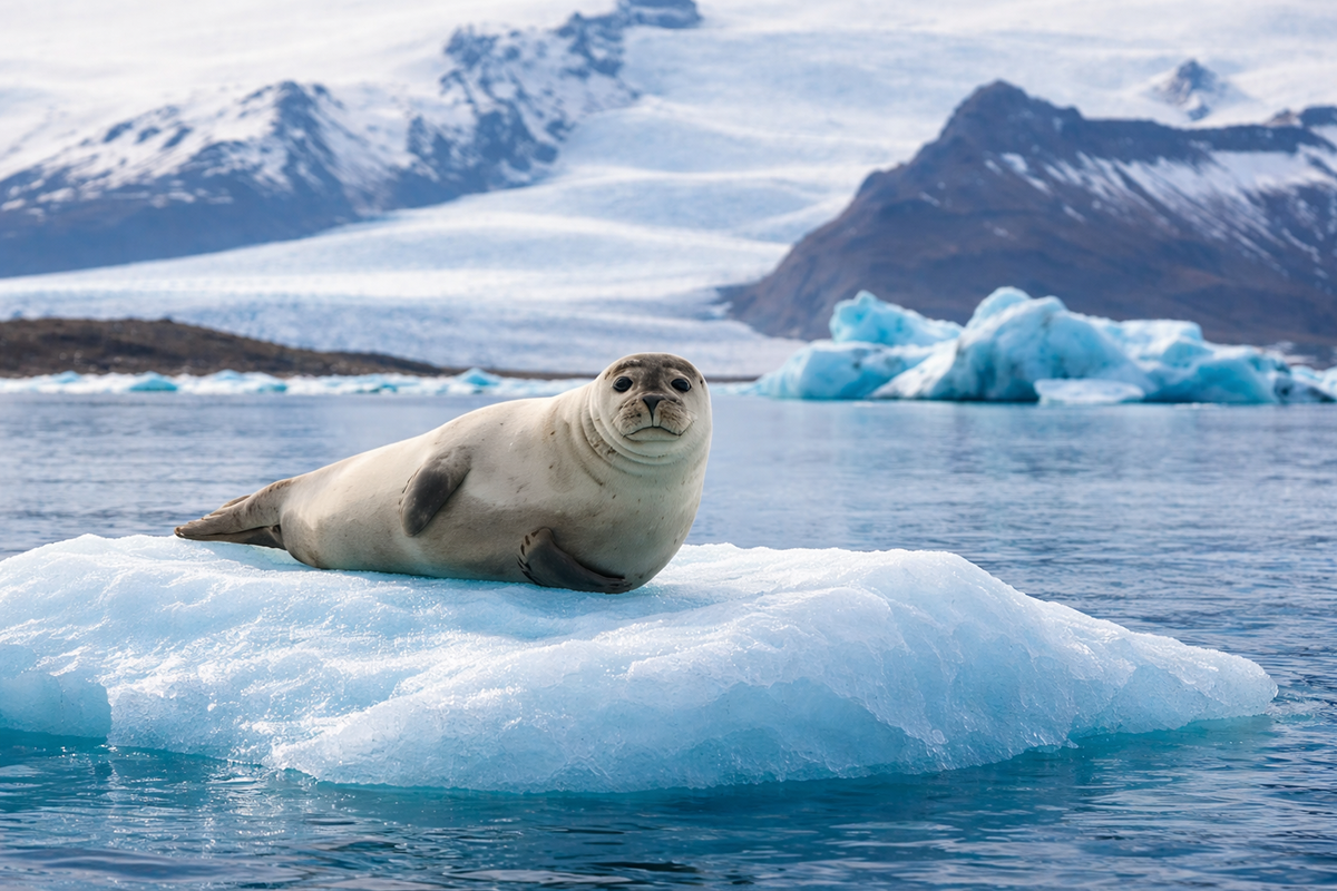 Seal resting on an iceberg in Jökulsárlón glacier lagoon