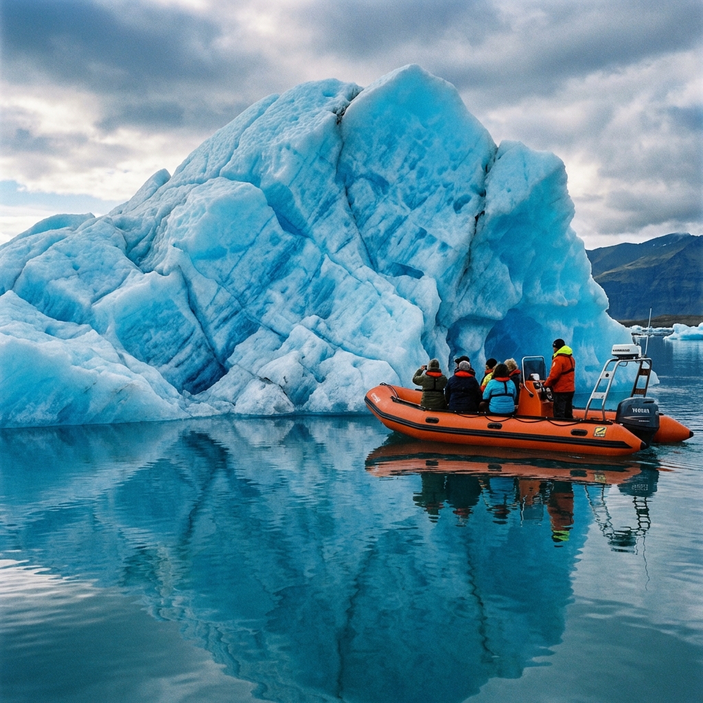 Zodiac boat tour near blue icebergs